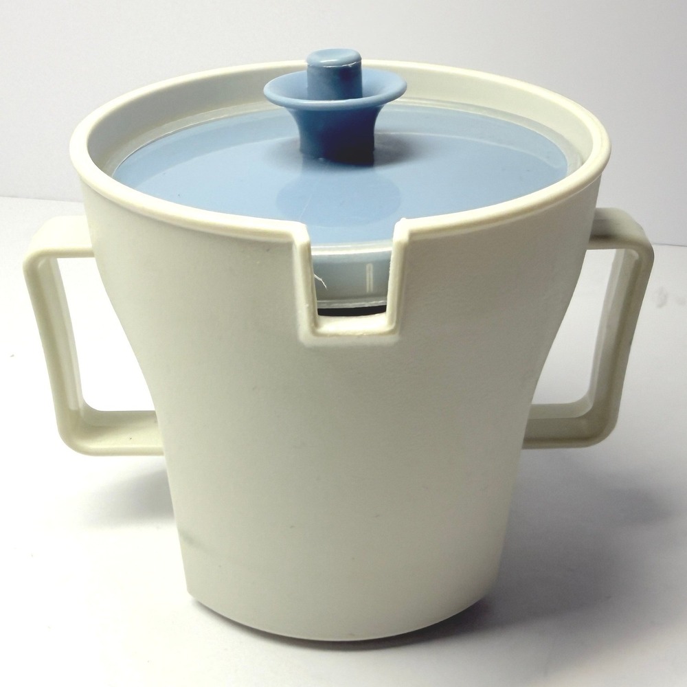 Vintage Tupperware Cream Pitcher 1415-14 Almond White with Blue Starburst Lid